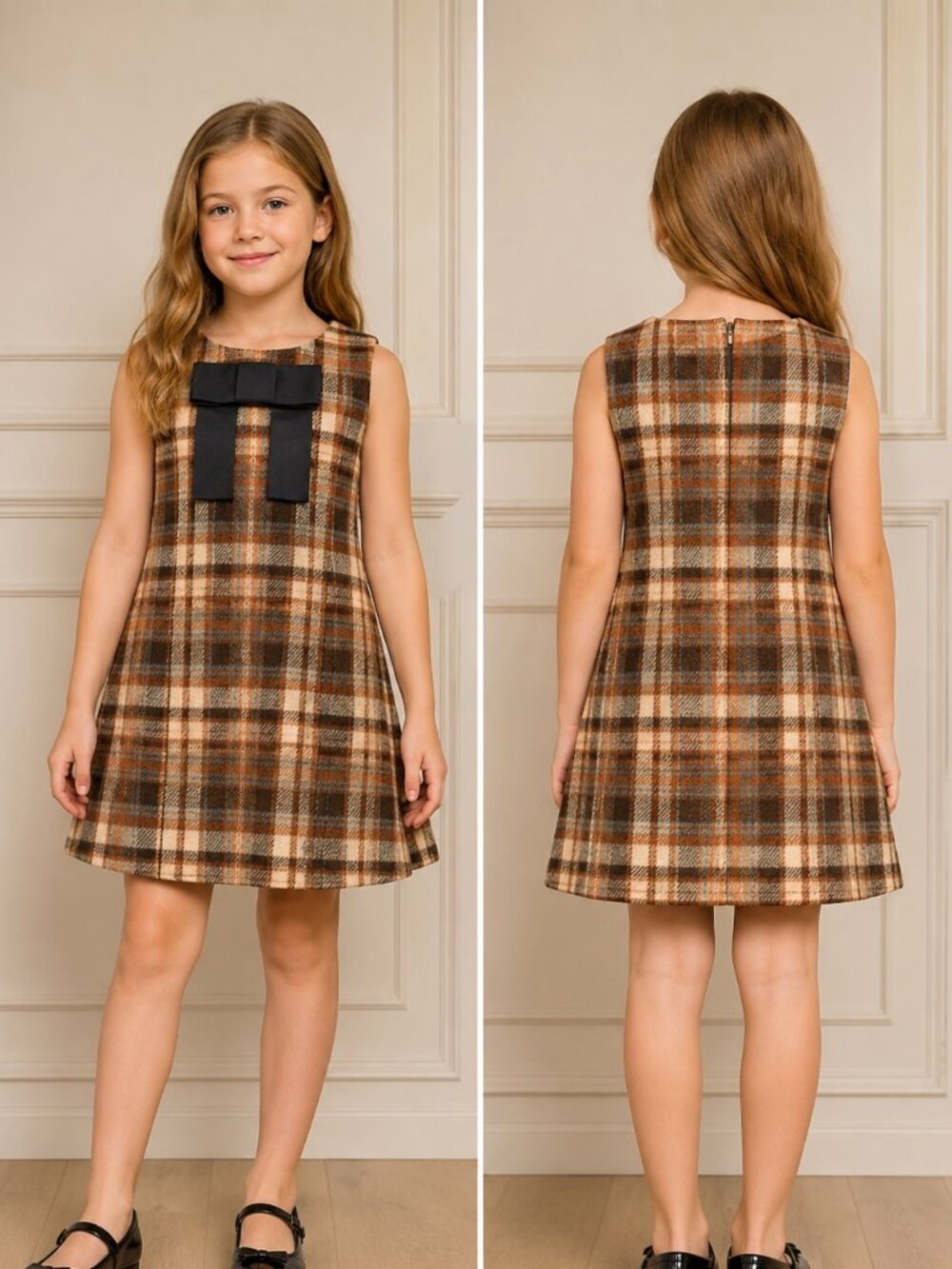 A Loves A Girls Brown Plaid Bow A-Line Dress M NWT